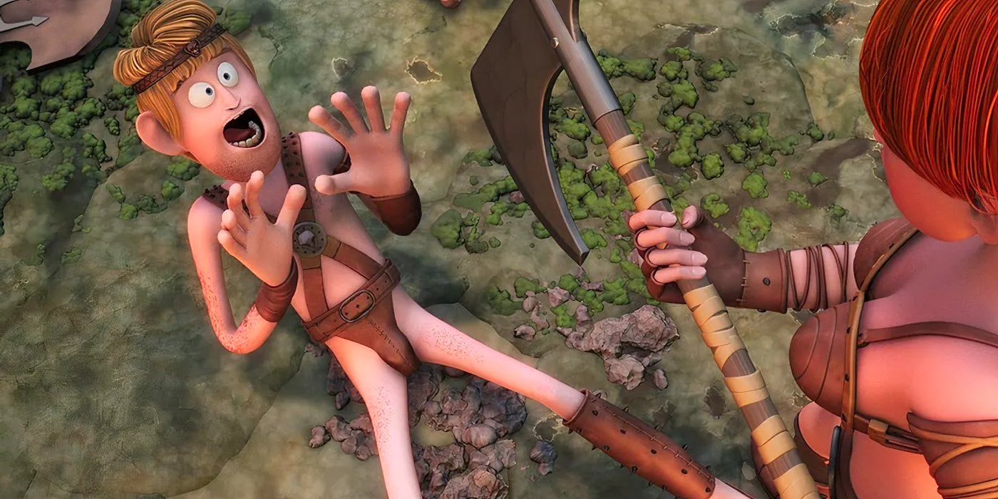 A still of a warrior on the ground pleading for his life from the 2011 adult animated movie Ronal the Barbarian Image