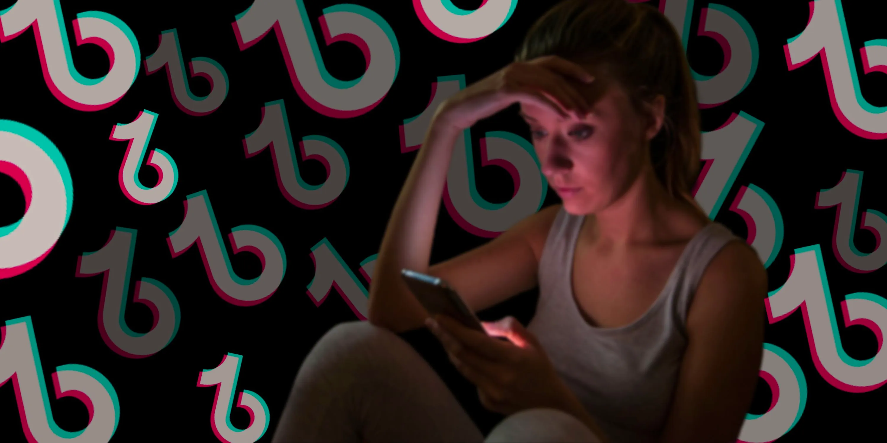 A stock image of a girl looking down at her phone is overlaid on a black background featuring repeating TikTok logos Image