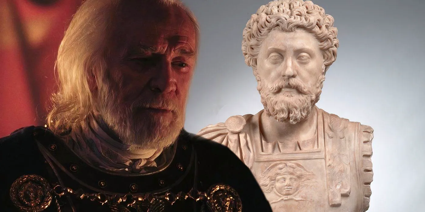 A stone bust of the real Marcus Aurelius next to Richard Harris' portrayal in Gladiator (2000) Image