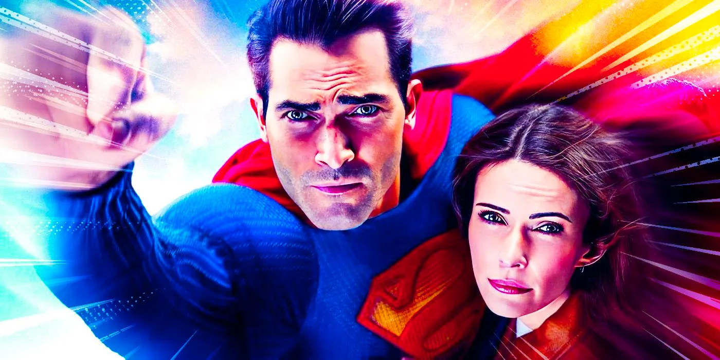 A stylized, close-up image of Superman & Lois flying through the sky in a Superman & Lois Season 4 promotional image Image