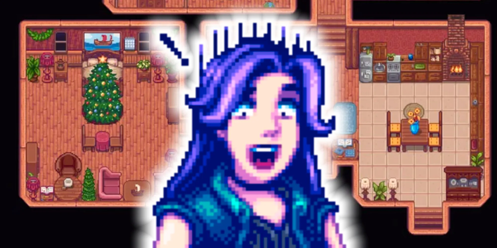 A surprised Abigail in front of a well-decorated home in Stardew Valley. Image