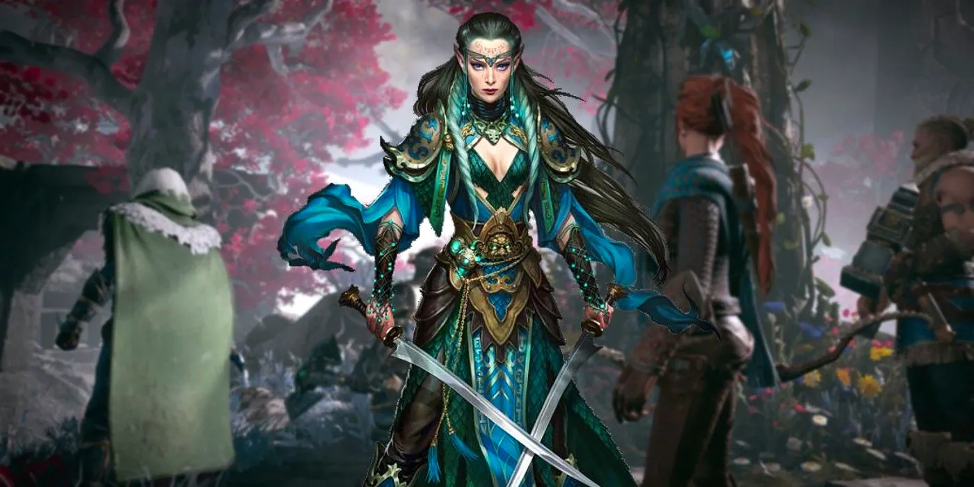 A sword-wielding D&D elf in beautiful blue armor stands in front of a party of other characters in a vibrant forest. Image