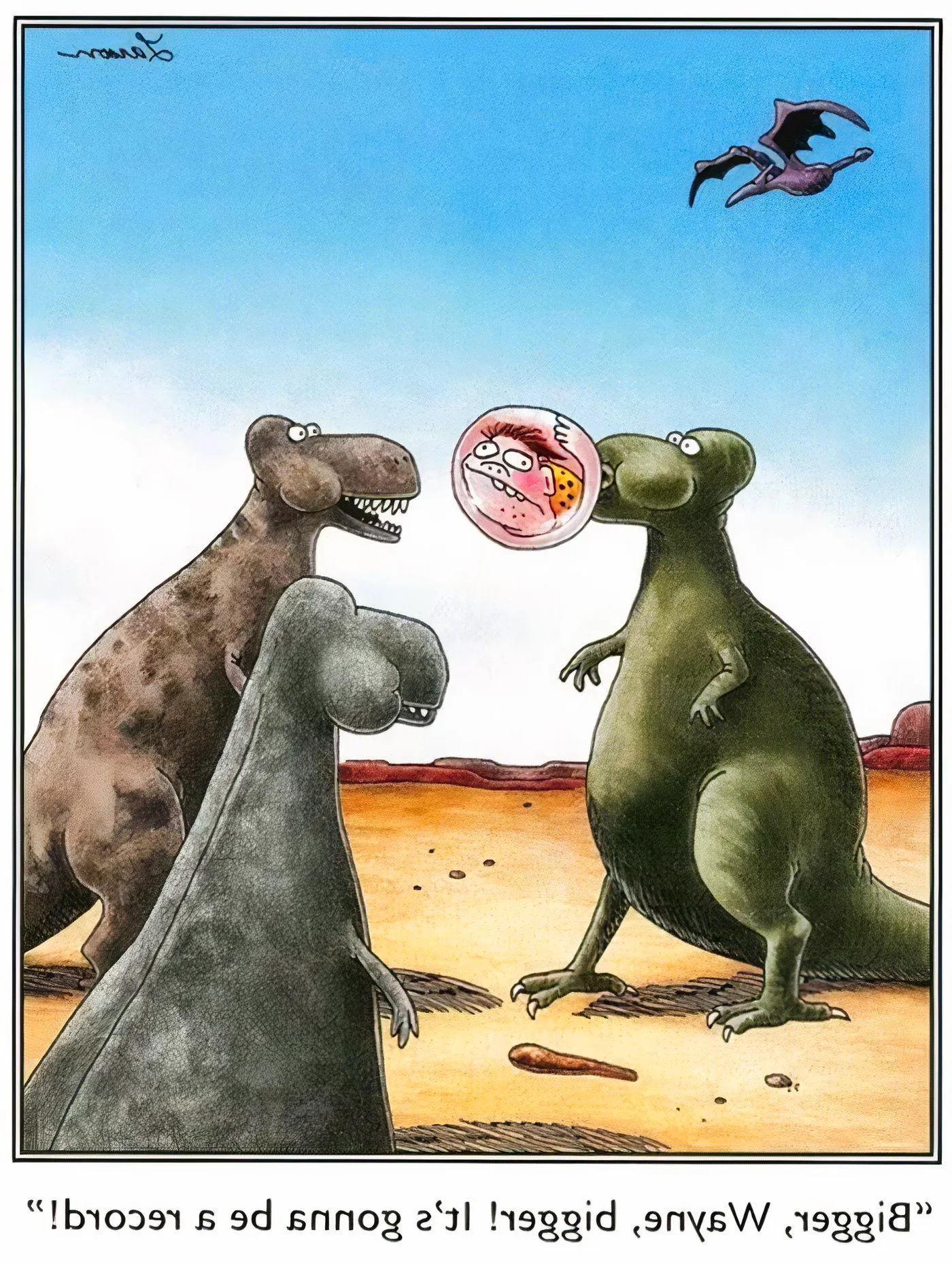 A T-Rex chewing bubble gum that's actually a caveman in The Far Side. Image