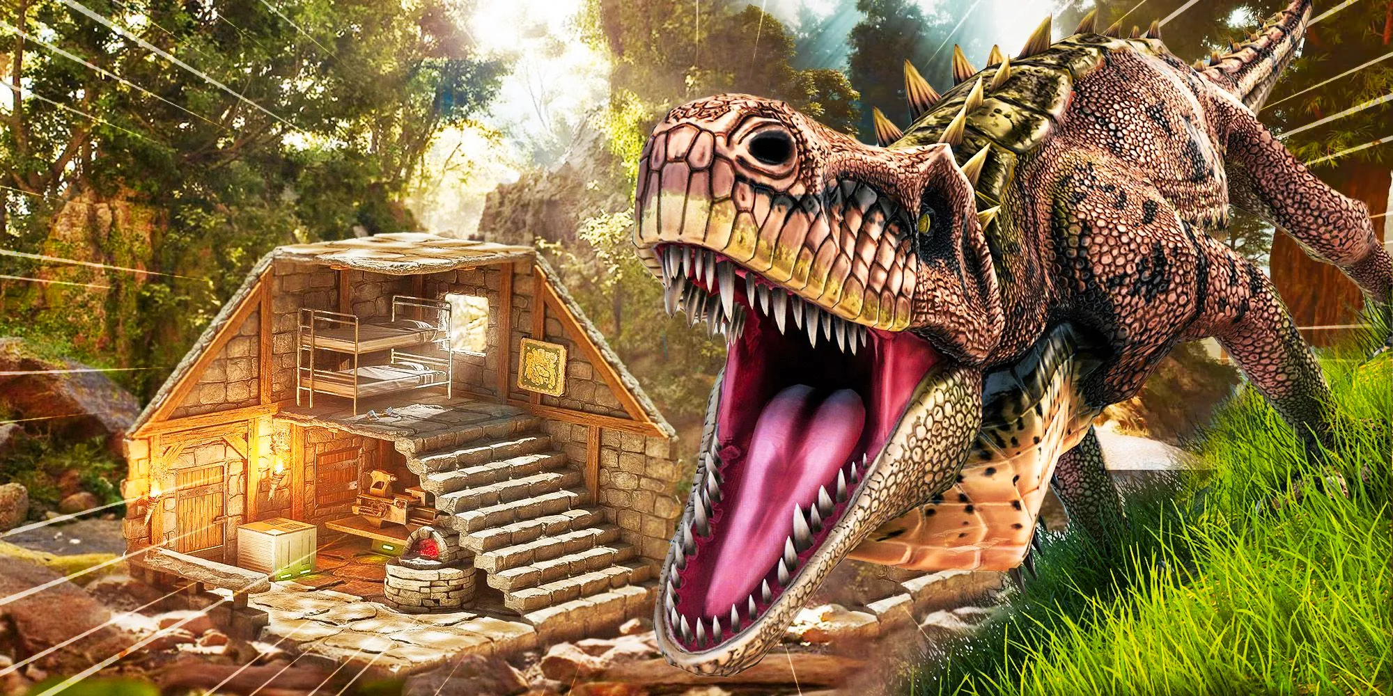 A T-Rex from Ark: Survival Ascended roaring at a player-built base.  Image