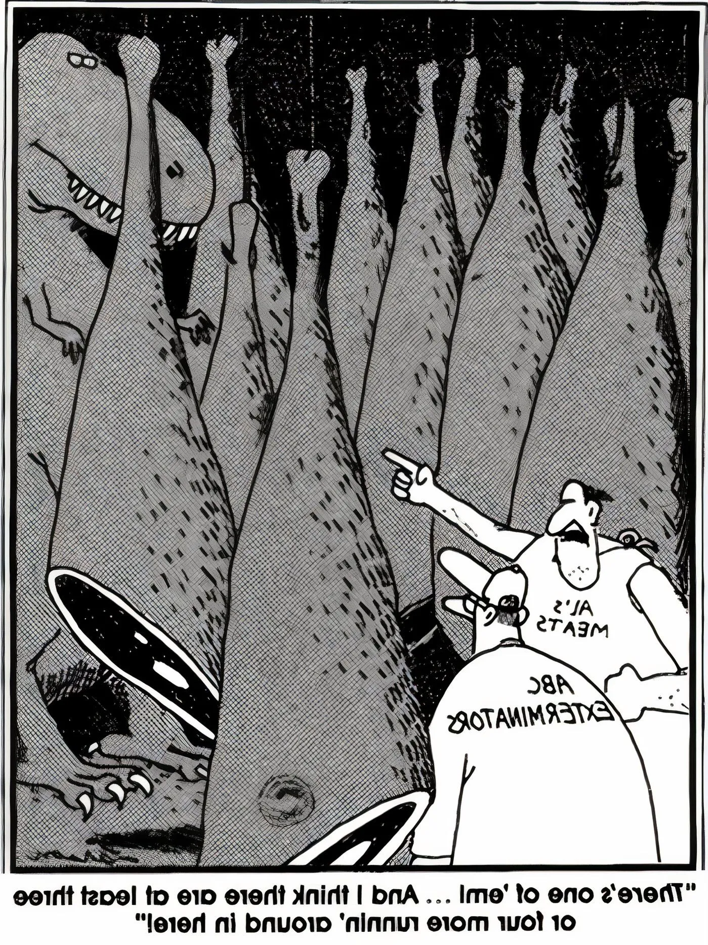 A T-Rex hiding in a butcher shop in The Far Side.  Image