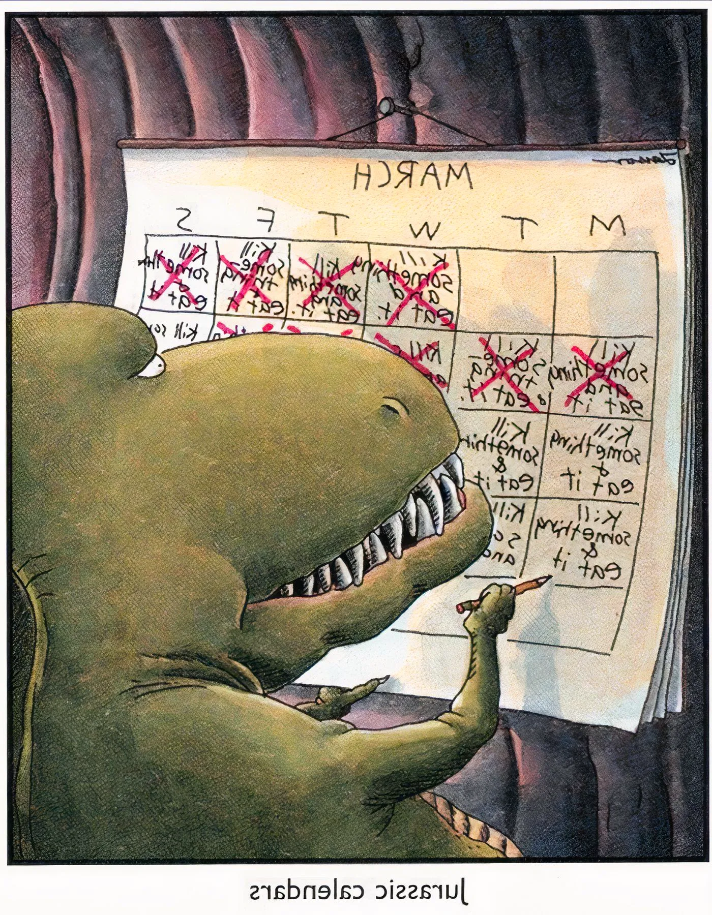 A T-Rex using a calendar in The Far Side. Image