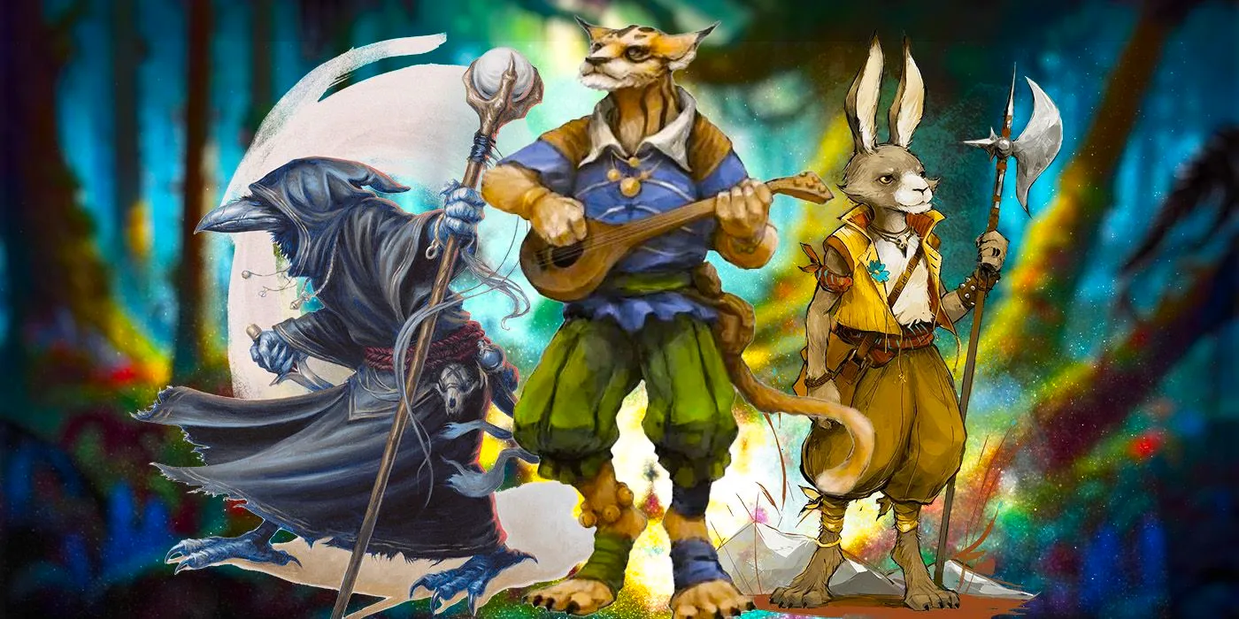 A tabaxi, a harengon, and a kenku from DnD in front of a blurred forest background. Image