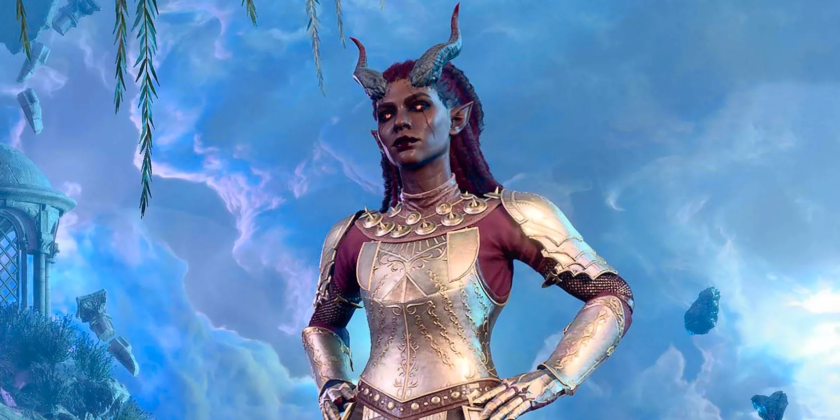 A tiefling Guardian/Dream Visitor on the Astral Plane with hands on hips in a screenshot from Baldur's Gate 3. Image