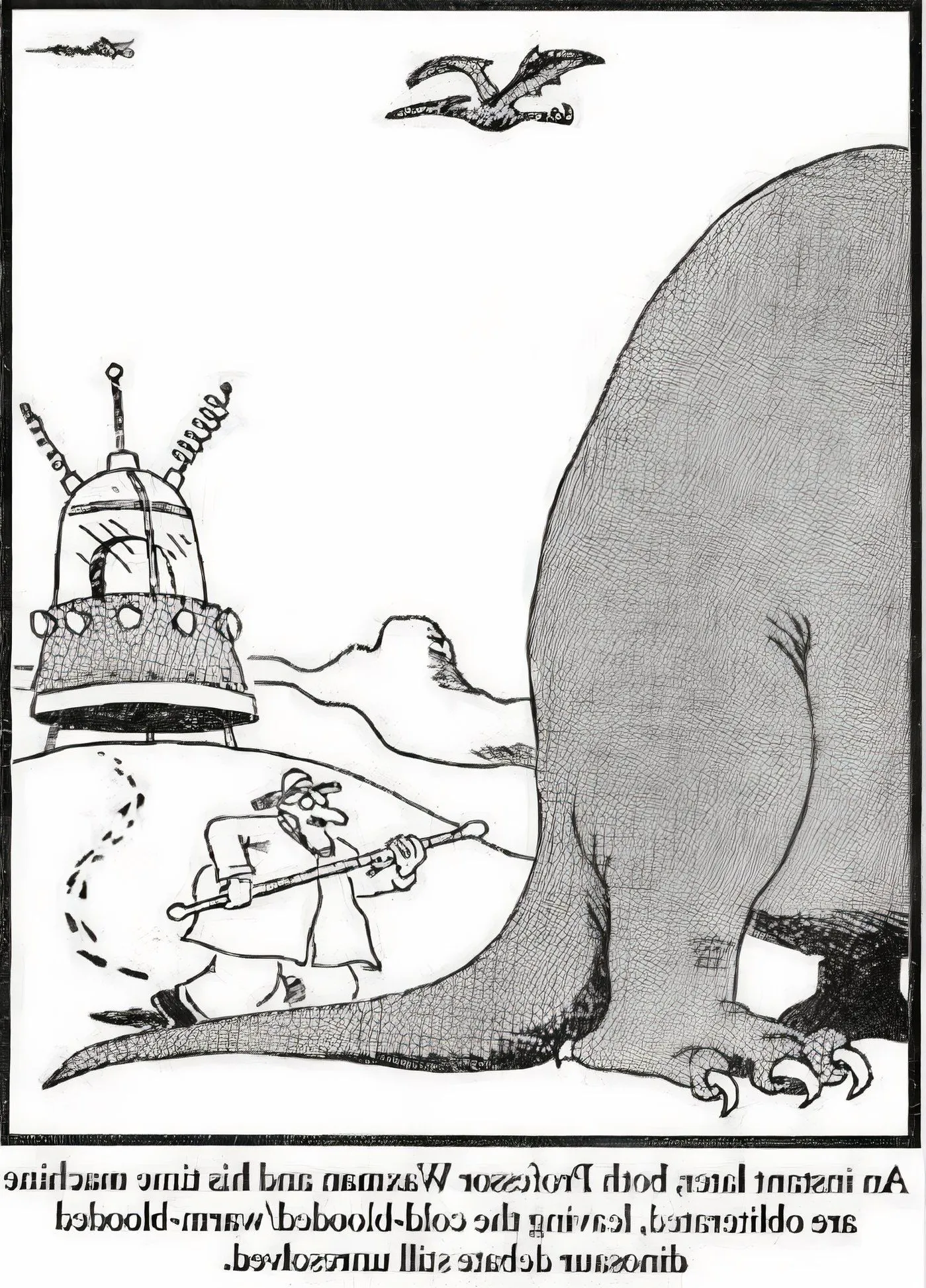 A time-traveling trying to take a dinosaur's temperature in The Far Side. Image