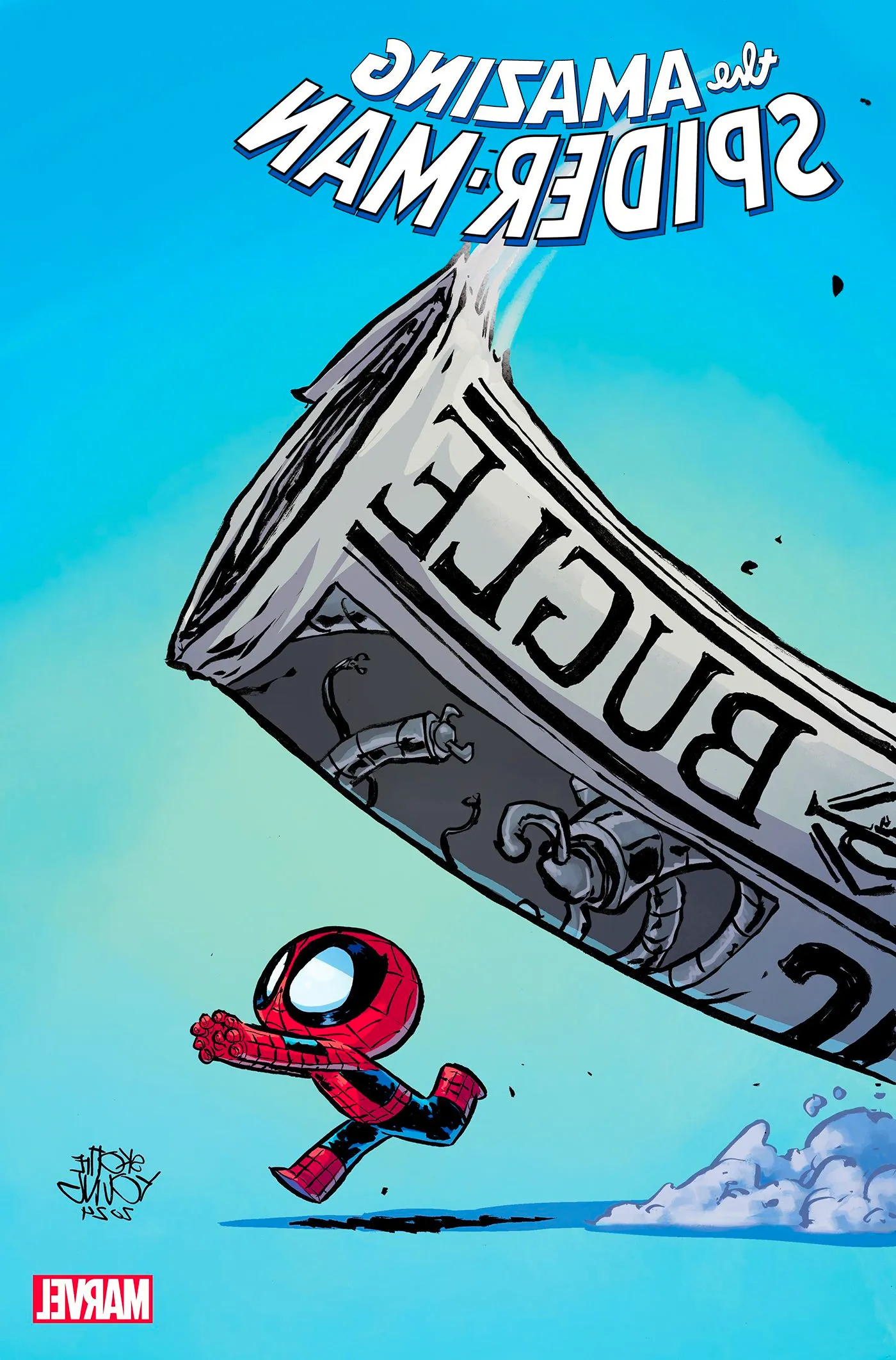 A tiny Spider-Man runs for his life as a copy of the Daily Bugle almost squishes him like a bug. Image