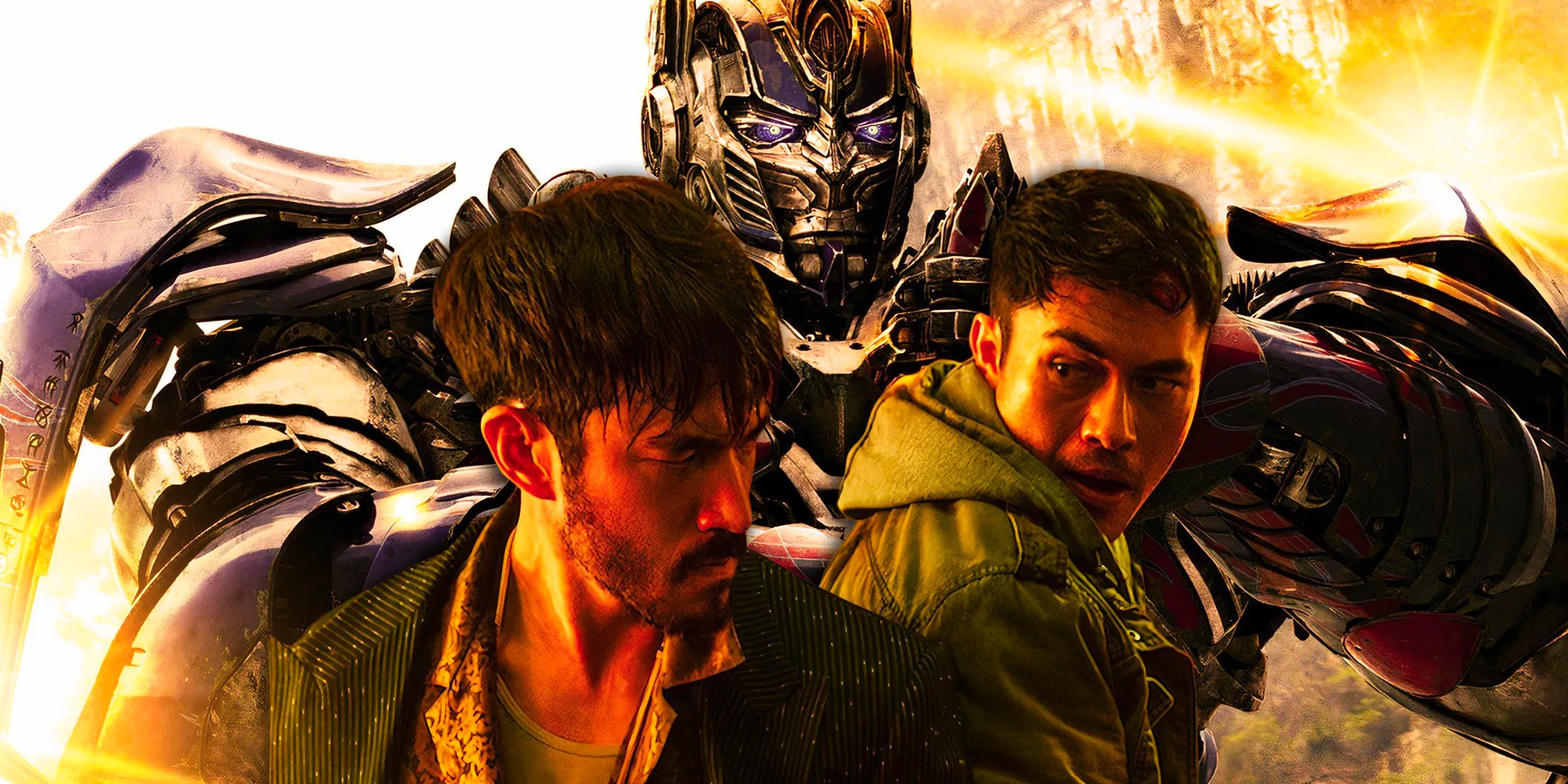 A Transformers robot stands tall behind Henry Golding and Andrew Koji from Snake Eyes Image