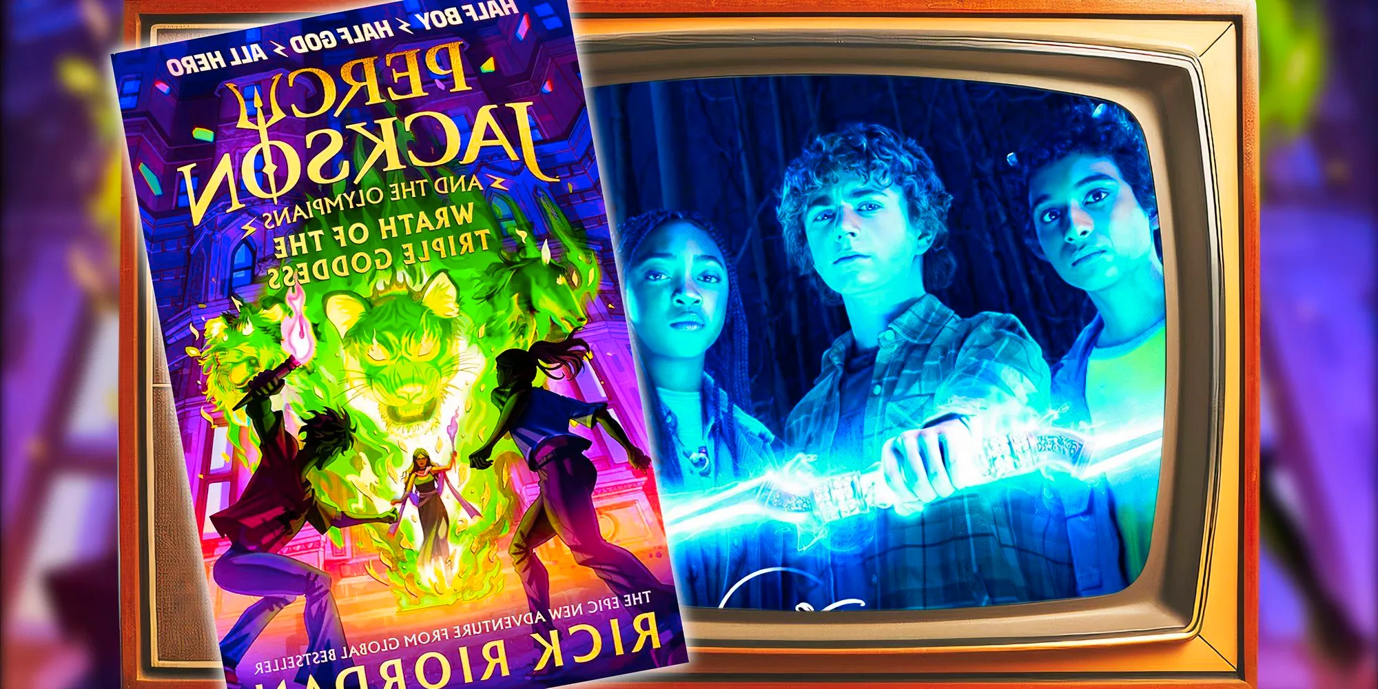 A TV screen with Grover, Percy, and Annabeth holding Zeus' Master Bolt and the cover of Percy Jackson's Wrath of the Triple Goddess Image