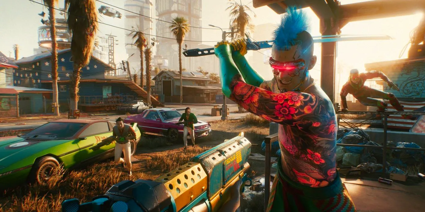 A Tyger Claw gang member with a katana rushing the player in a suburban neighborhood in Night City in Cyberpunk 2077. Image