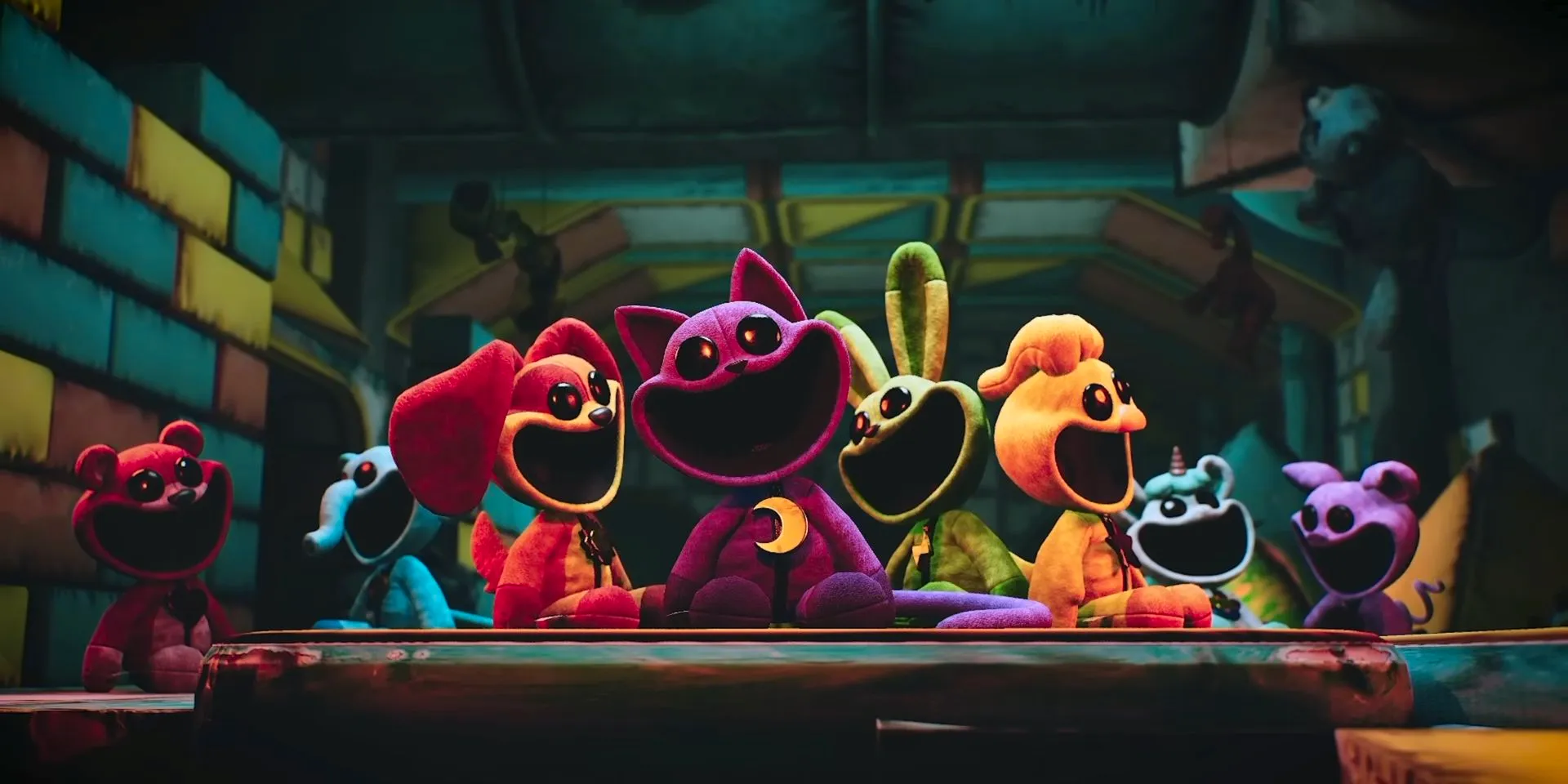 A variety of toys on a table in a screenshot from Poppy Playtime Chapter 3. In the center is CatNap, a wide-mouthed purple plush cat with a crescent moon emblem on its chest. Image