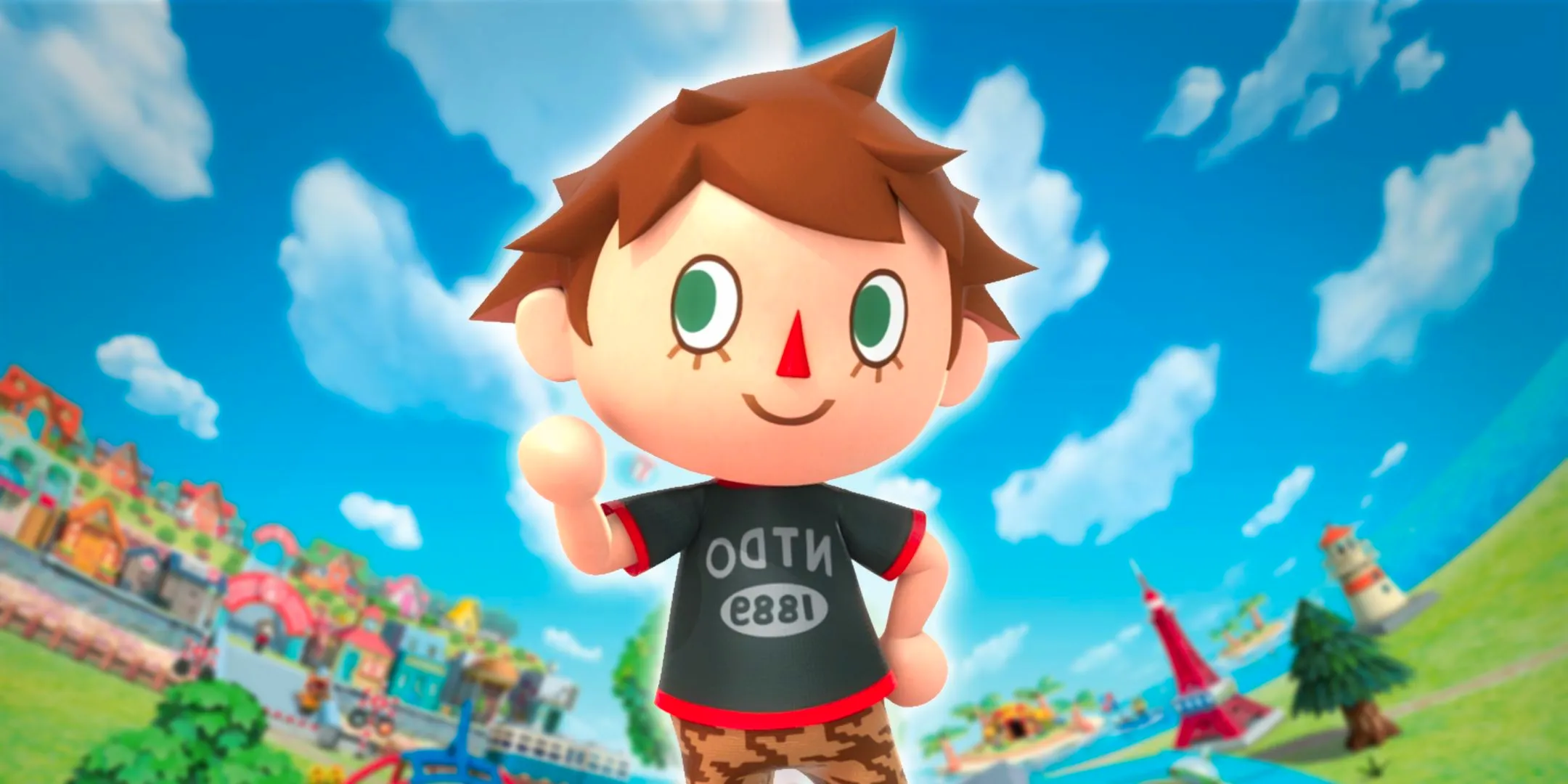 A villager appearing excited in fornt of an Animal Crossing New Leaf horizon. Image