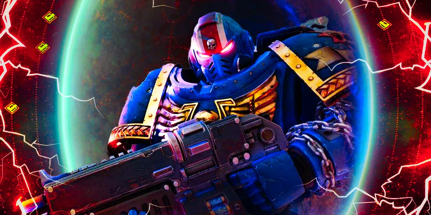 A Warhammer 40K Space Marine character in blue power armor in front of one of the planets from the game, surrounded by a hail of red lightning. Image