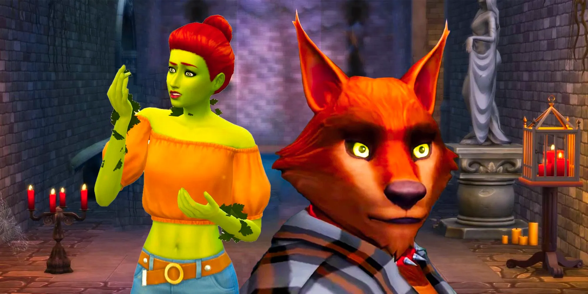 A werewolf Sim and a plant Sim in screenshots from The Sims 4. Image