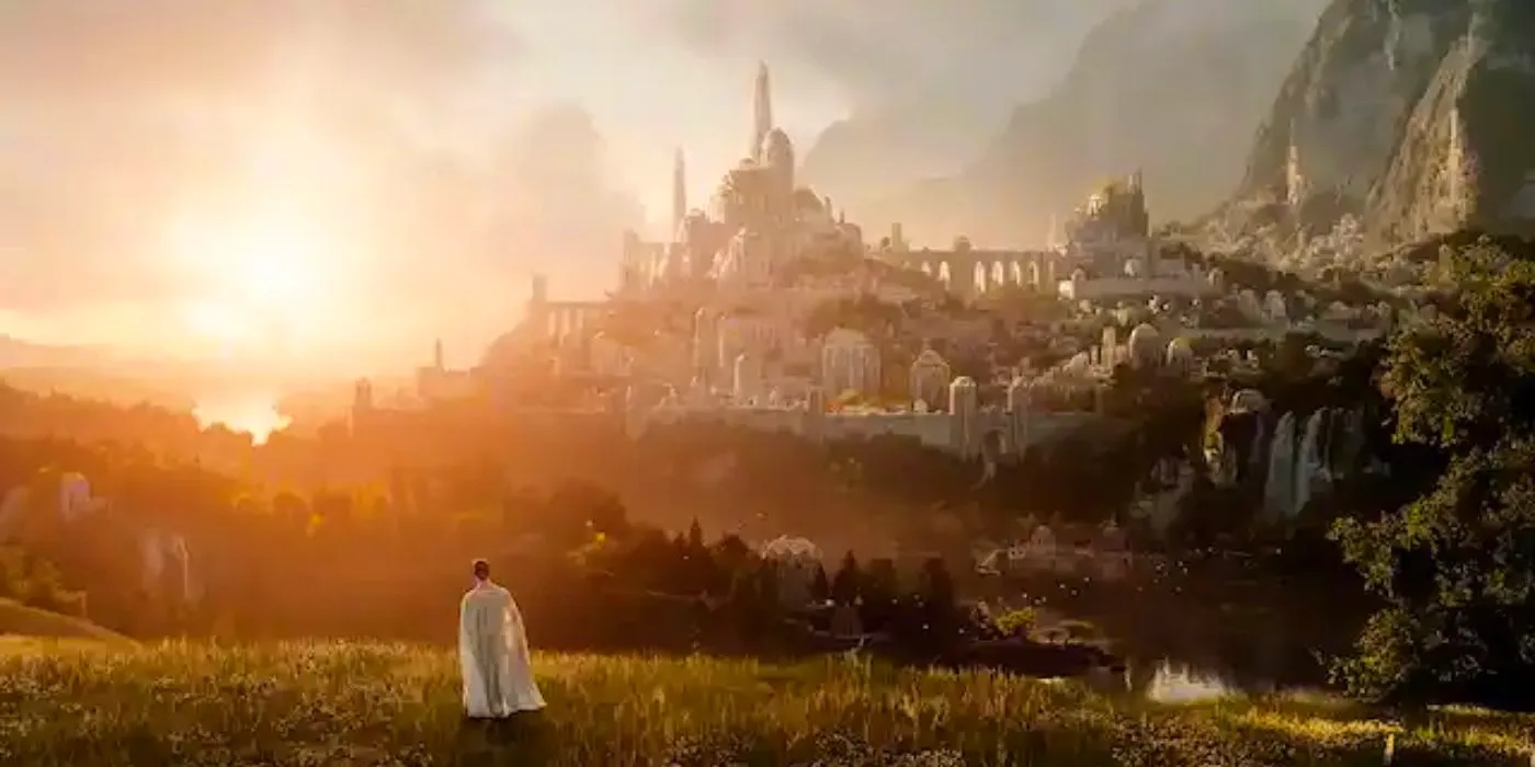 A wide shot of Finrod looking at Valinor in The Rings of Power.  Image