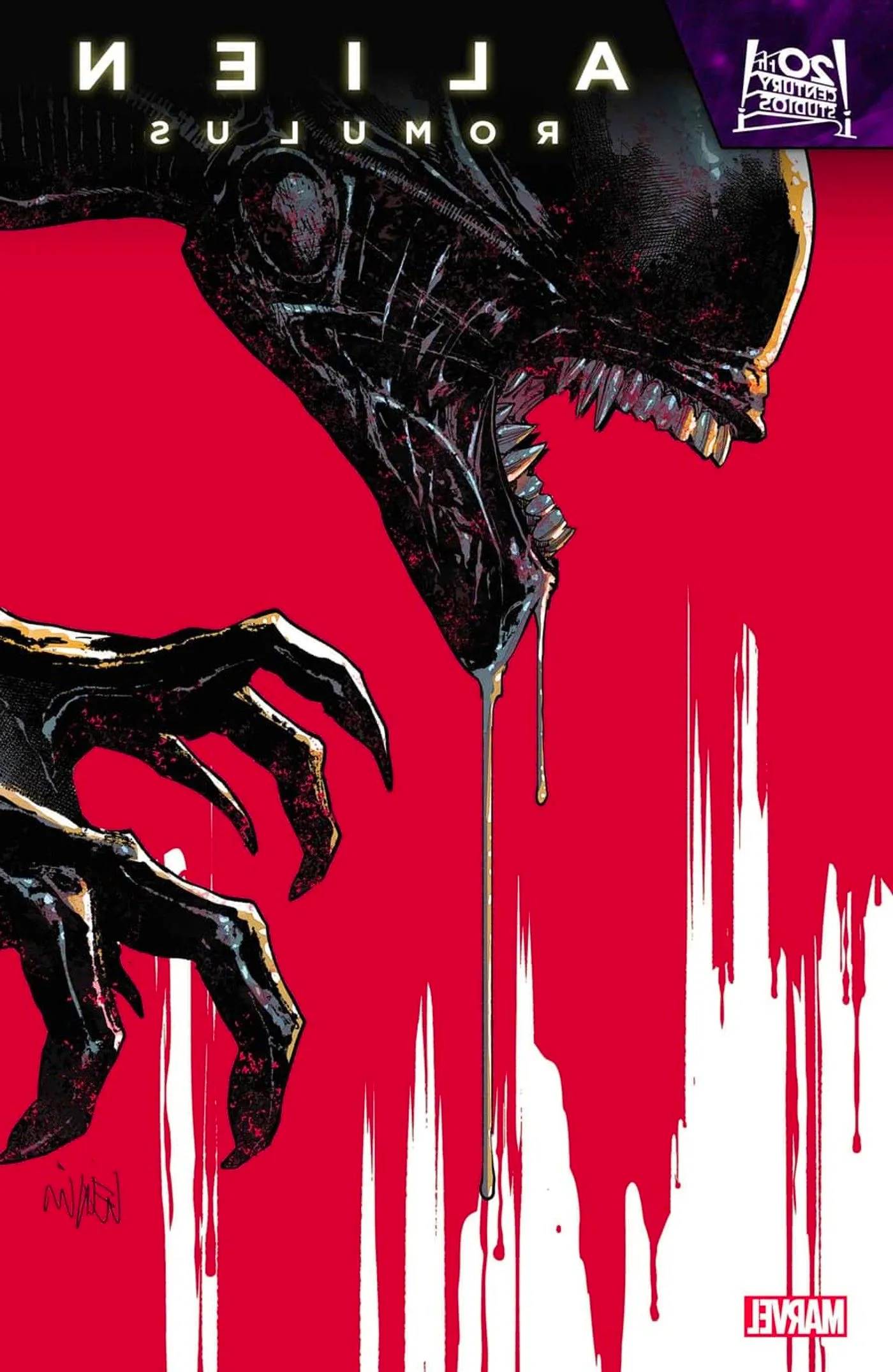 A xenomorph drips saliva while blood runs down the background on the cover of Alien: Romulus #1 Image