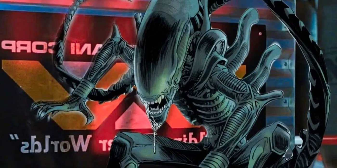 A Xenomorph in front of Weyland-Yutani's 