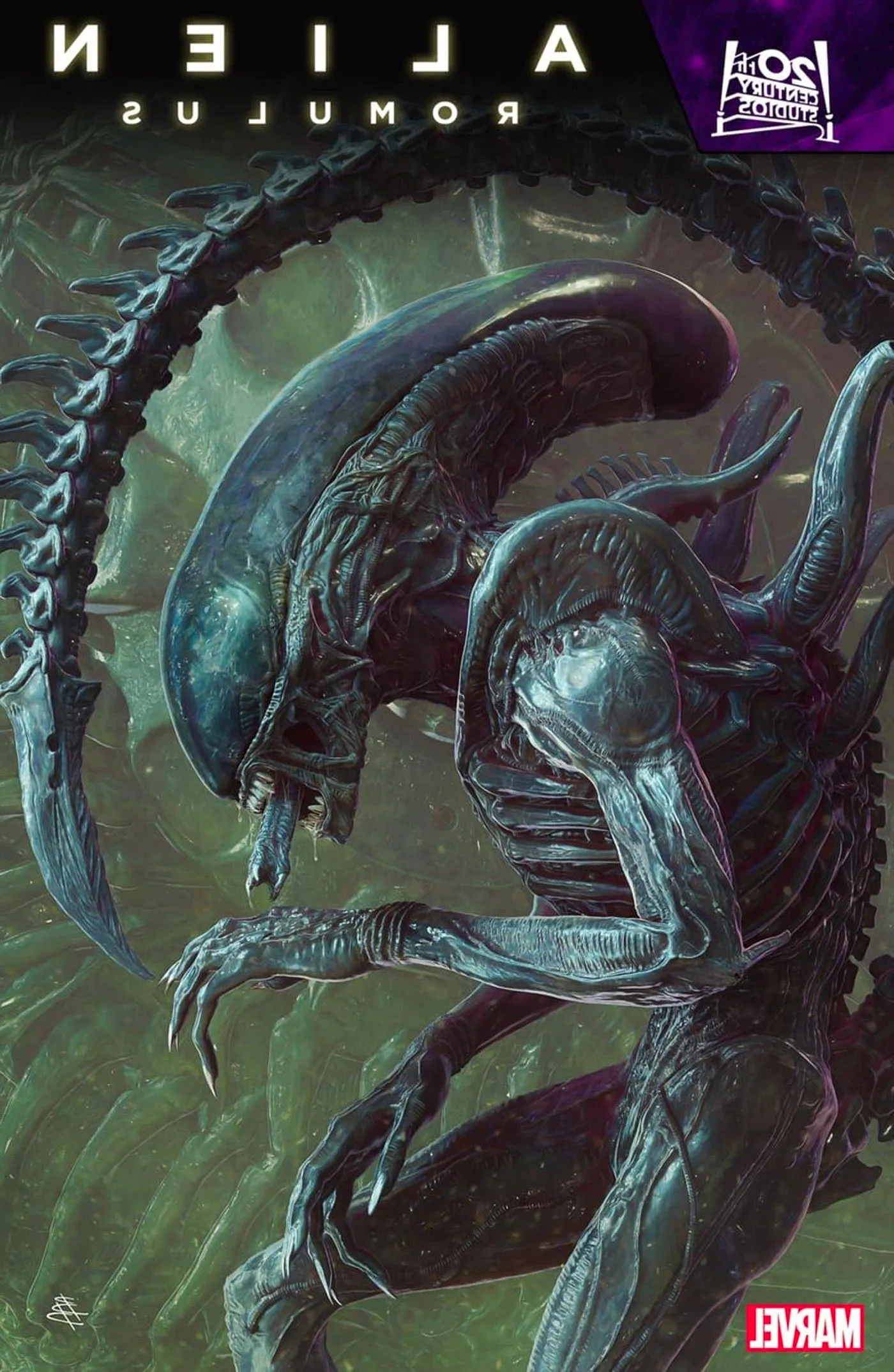 A xenomorph stands, facing down and to the right, its protruding second mouth out and its tail curved down just over its head. Image