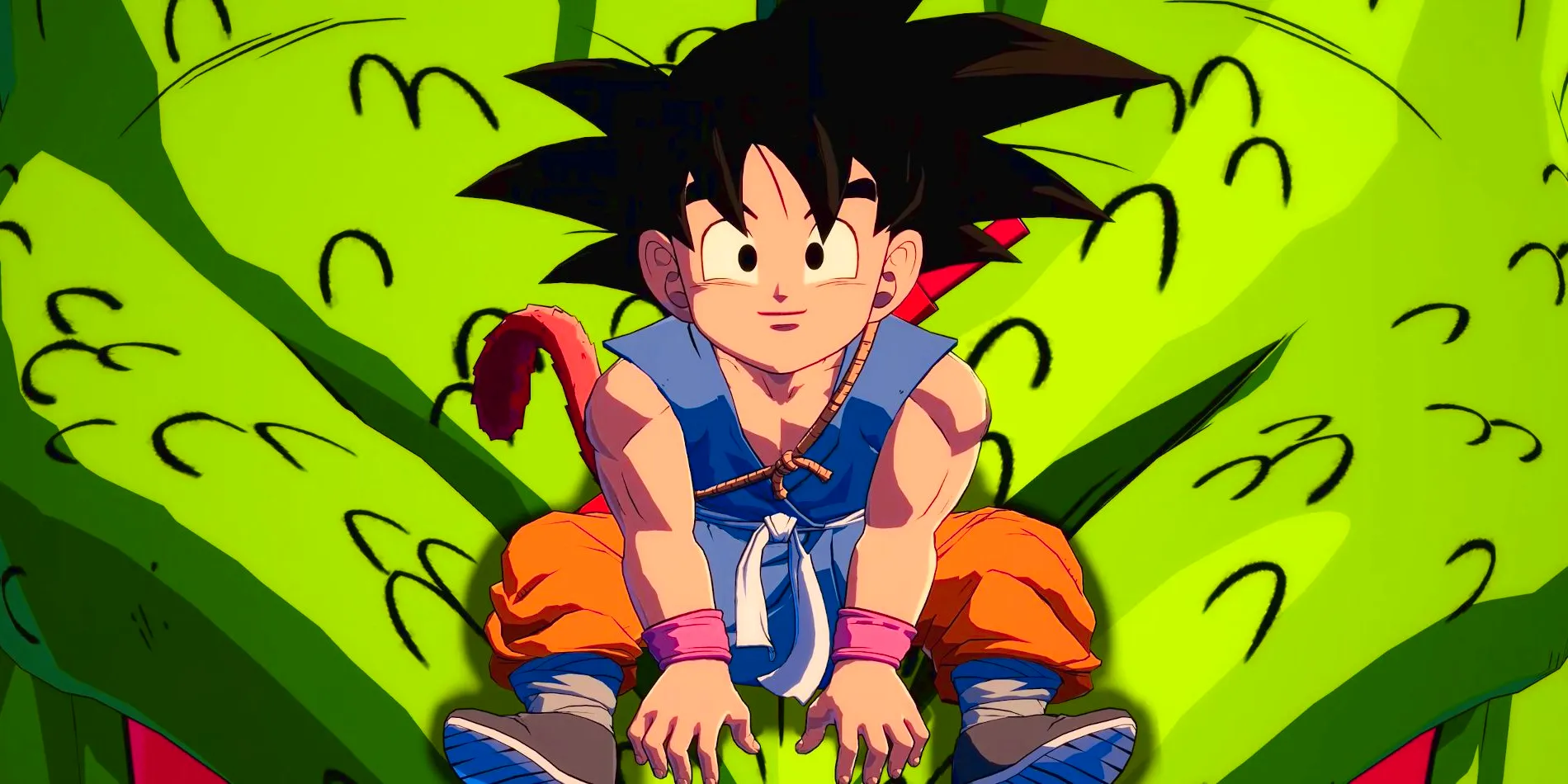 A young Goku is seen wearing his GT outfit while riding on Shenron's head and looking toward the camera. Image