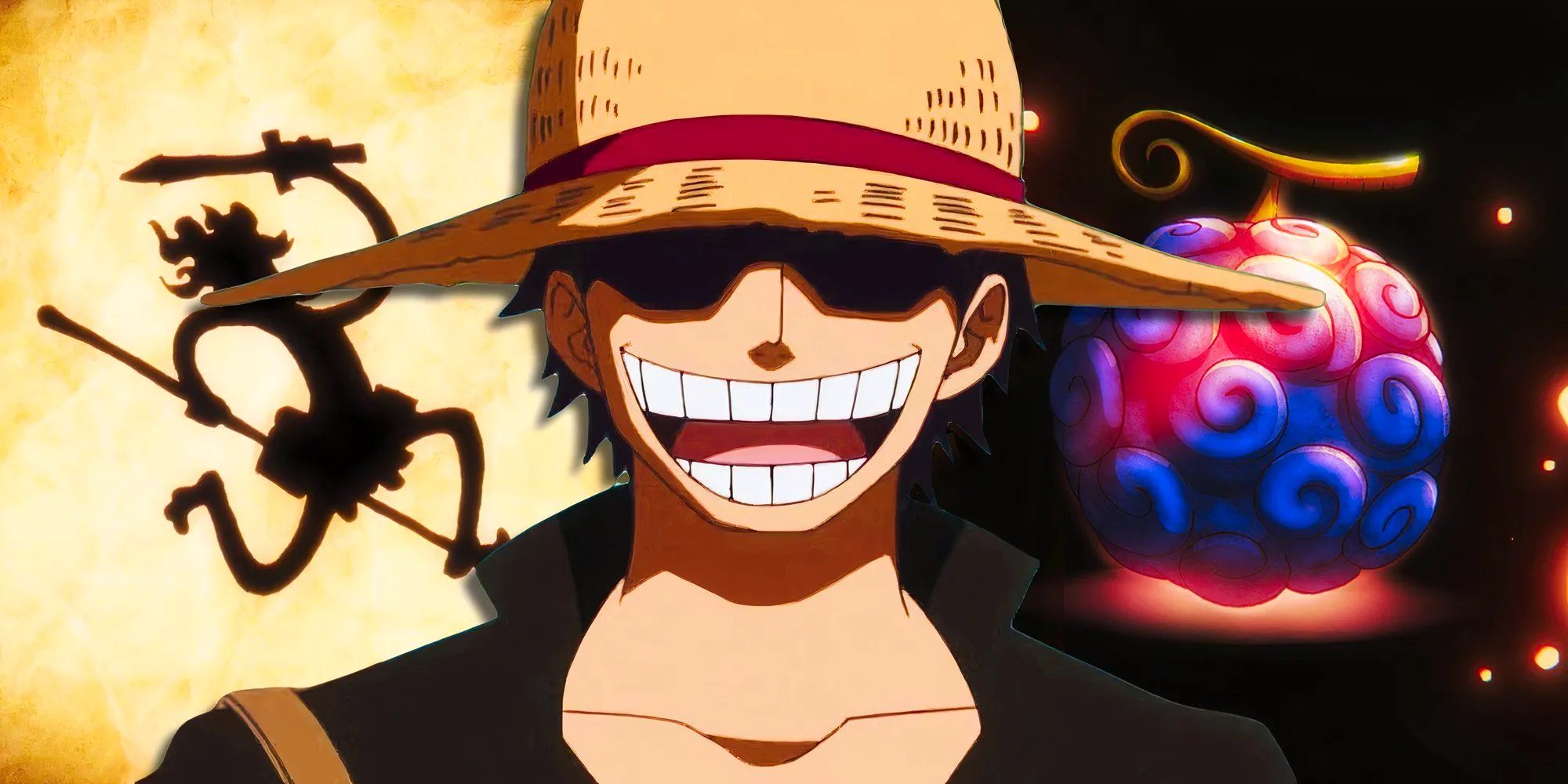 a young gol d roger smiling wearing a straw hat representing joyboy in one piece with the silhouette of sun god nika and the nika fruit in the background Image