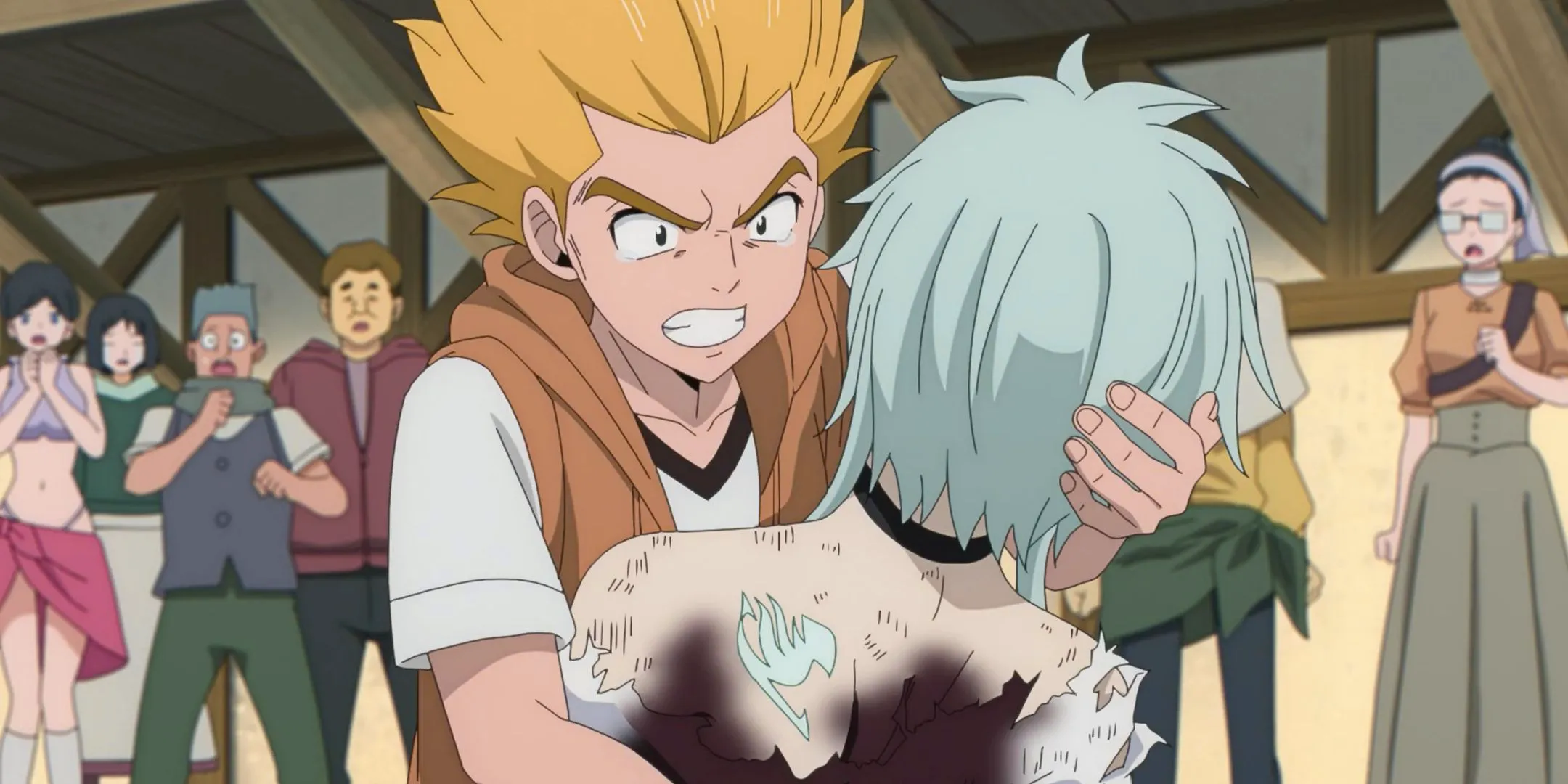 a young makarov holding wriath who has a white fairy tail guild mark on his back in fairy tail 100 years quest Image