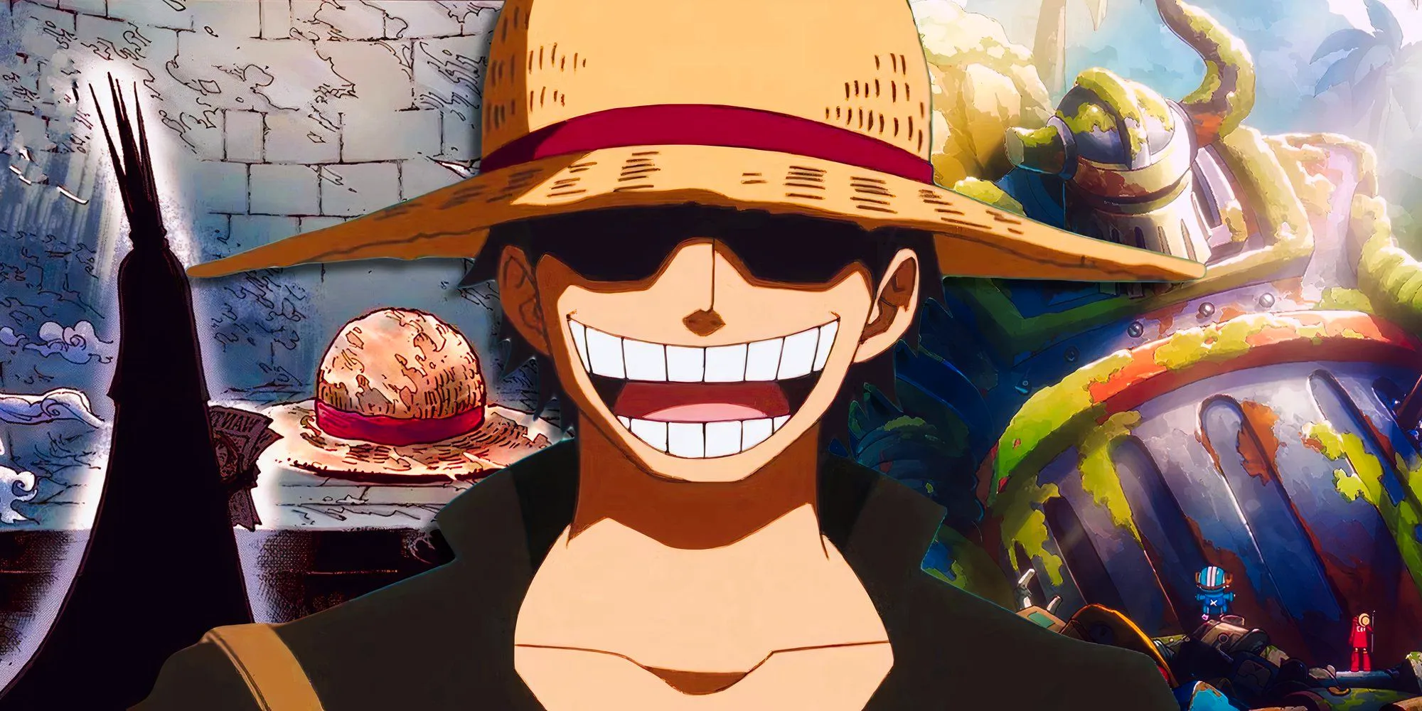 a young roger from one piece smiling wearing his straw hat with imu and the giant straw hat from mariejois in the background to the right and the iron giant emet as seen in the anime to the left Image