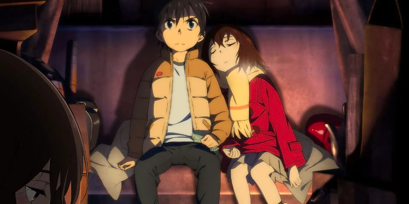 A young Satoru Fujinuma and Kayo Hinazuki sitting on a bus seat together in Erased, Kayo sleeping on Satoru's shoulder and Satoru staring determinedly ahead. Image