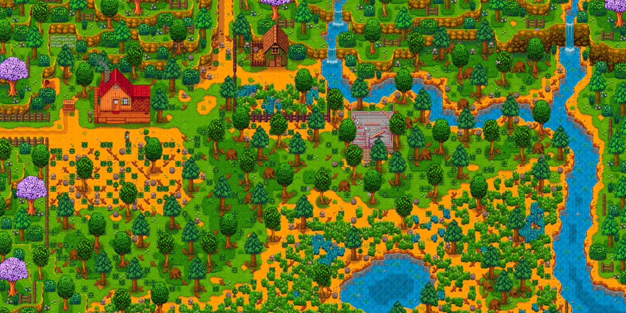 A zoomed out shot of the Meadowlands Farm in Stardew Valley. Image