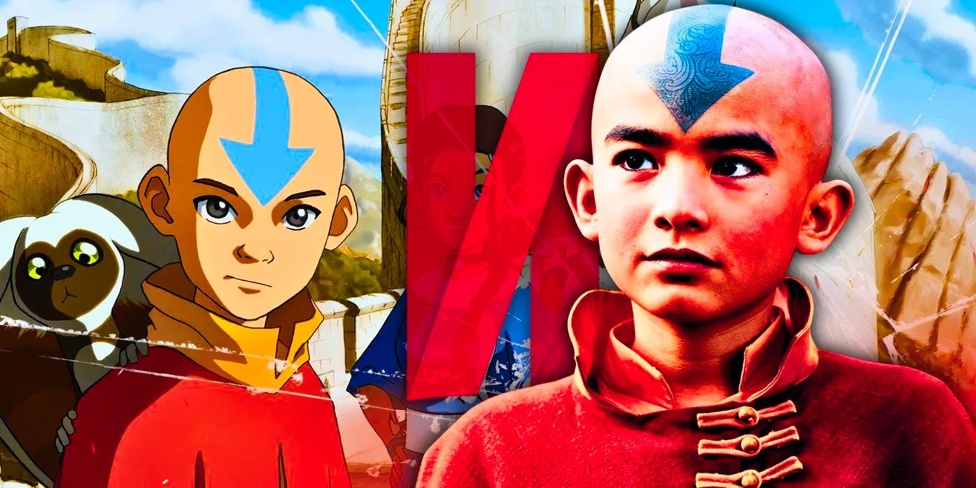 Aang (Gordon Cormier) in Netflix's live-action Avatar: The Last Airbender and in the original animated series. Image