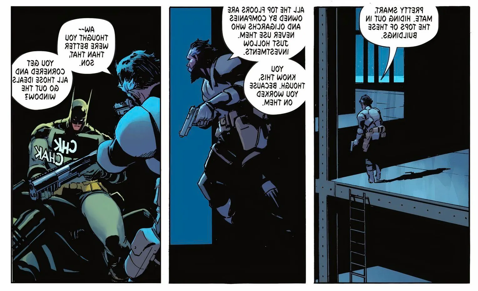 Absolute Batman #1, Alfred confronts Batman, who pumps the barrel of a shotgun in preparation to defend himself. Image