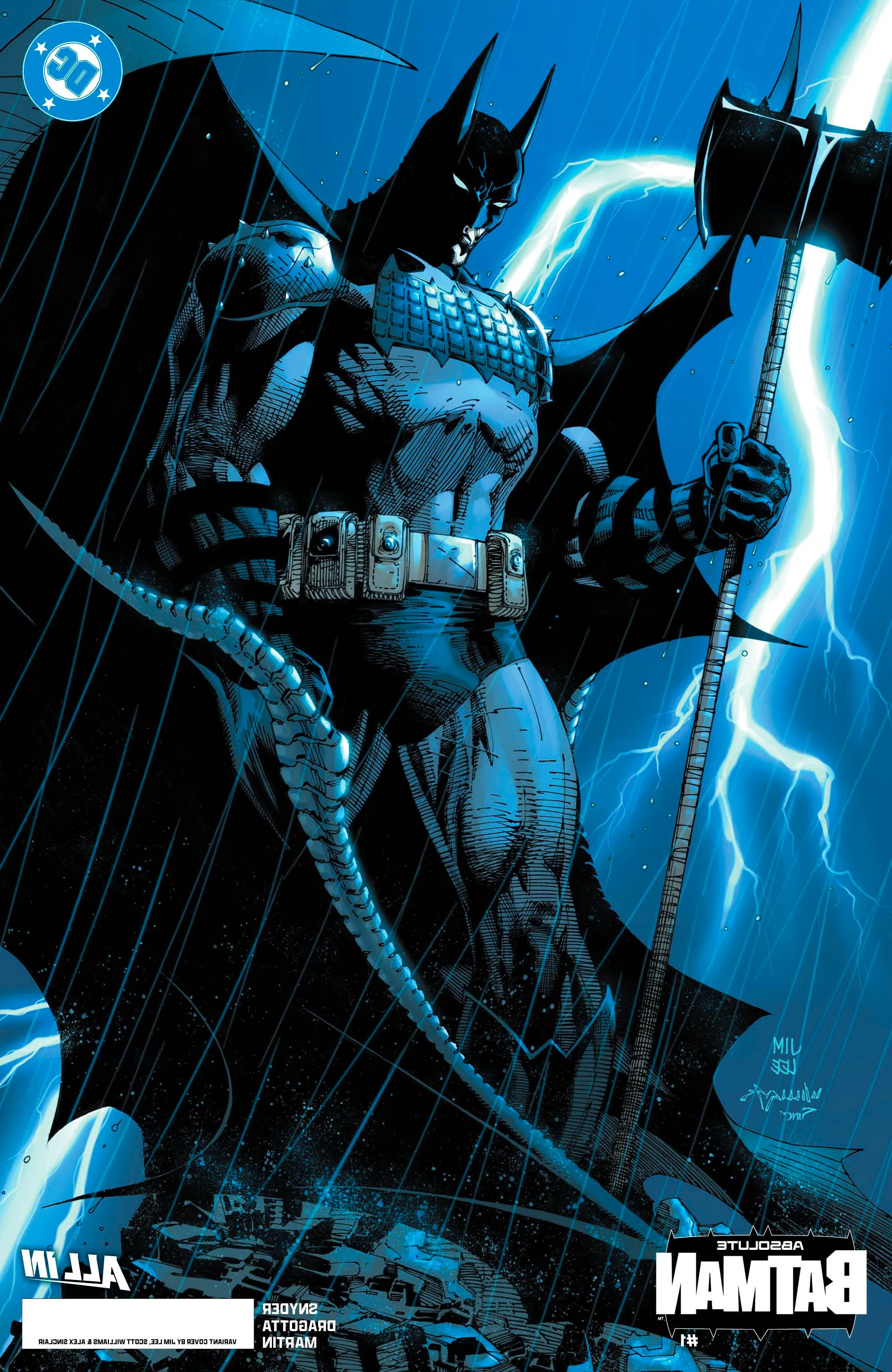 Absolute Batman 1 Lee Variant Cover: Batman stands in a lightning storm with a mallet in his hand. Image