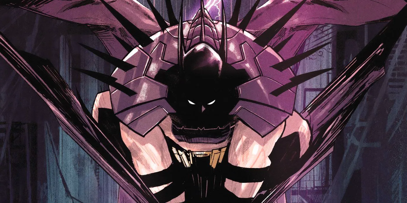 Absolute Batman crouches in the shadows, showcasing his spike-covered shoulder pads. Image