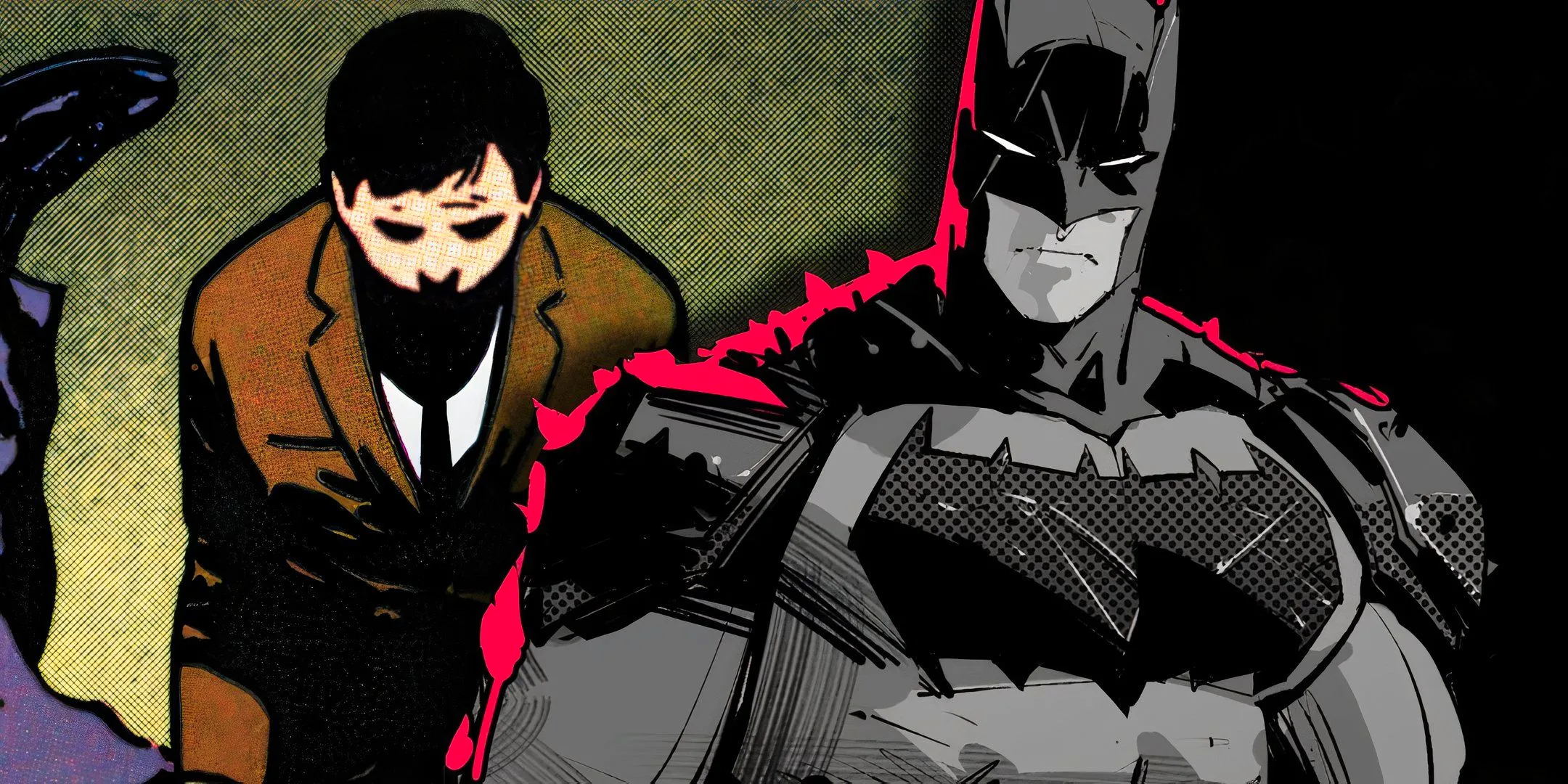 Absolute Batman Standing with Young Bruce Wayne Behind Him Origin DC Featured Image