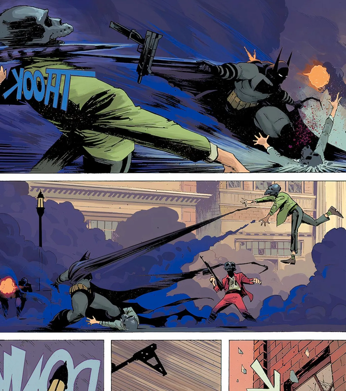 Absolute Batman Using His Cape Like A Tendril To Whip A Criminal Into A Building Image