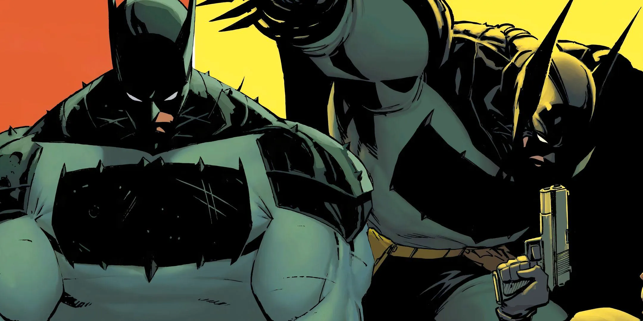 Absolute Batman with a gun pointed at his face (left) and showing off his muscles (right.) Image