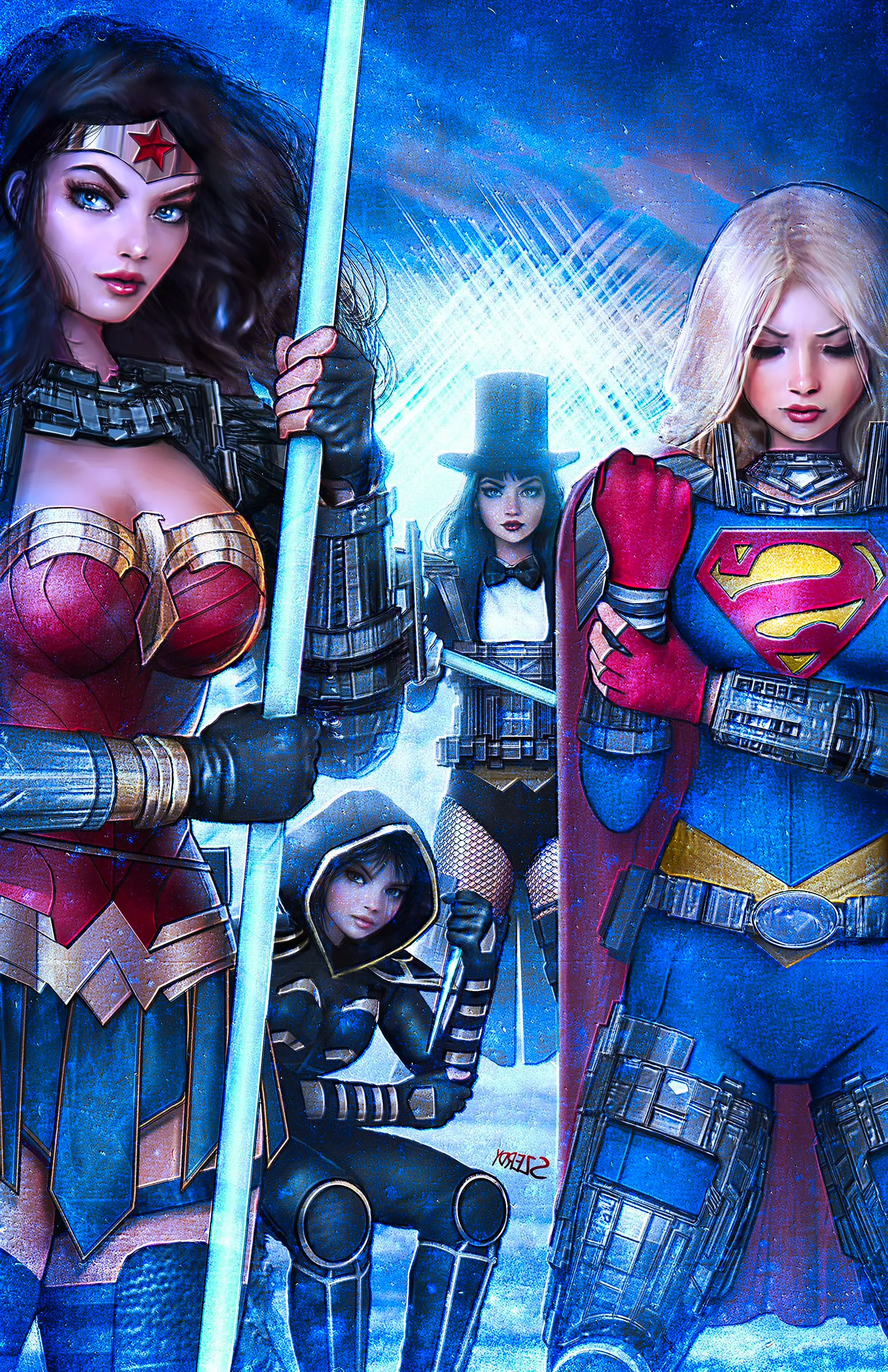 Absolute Power 2 Szerdy Variant Cover: Supergirl, Zatanna, Cassandra Cain, and Wonder Woman in new armor. Image