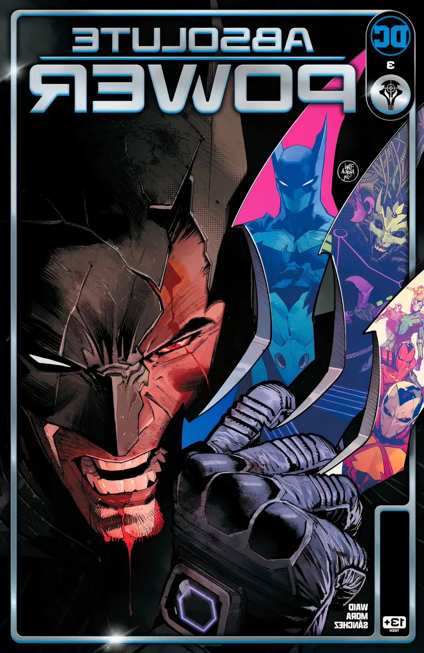 Absolute Power 3 Main Cover: Batman with a cracked cowl holds batarangs, which reflect the Amazos, Brainiac Queen, and Failsafe. Image