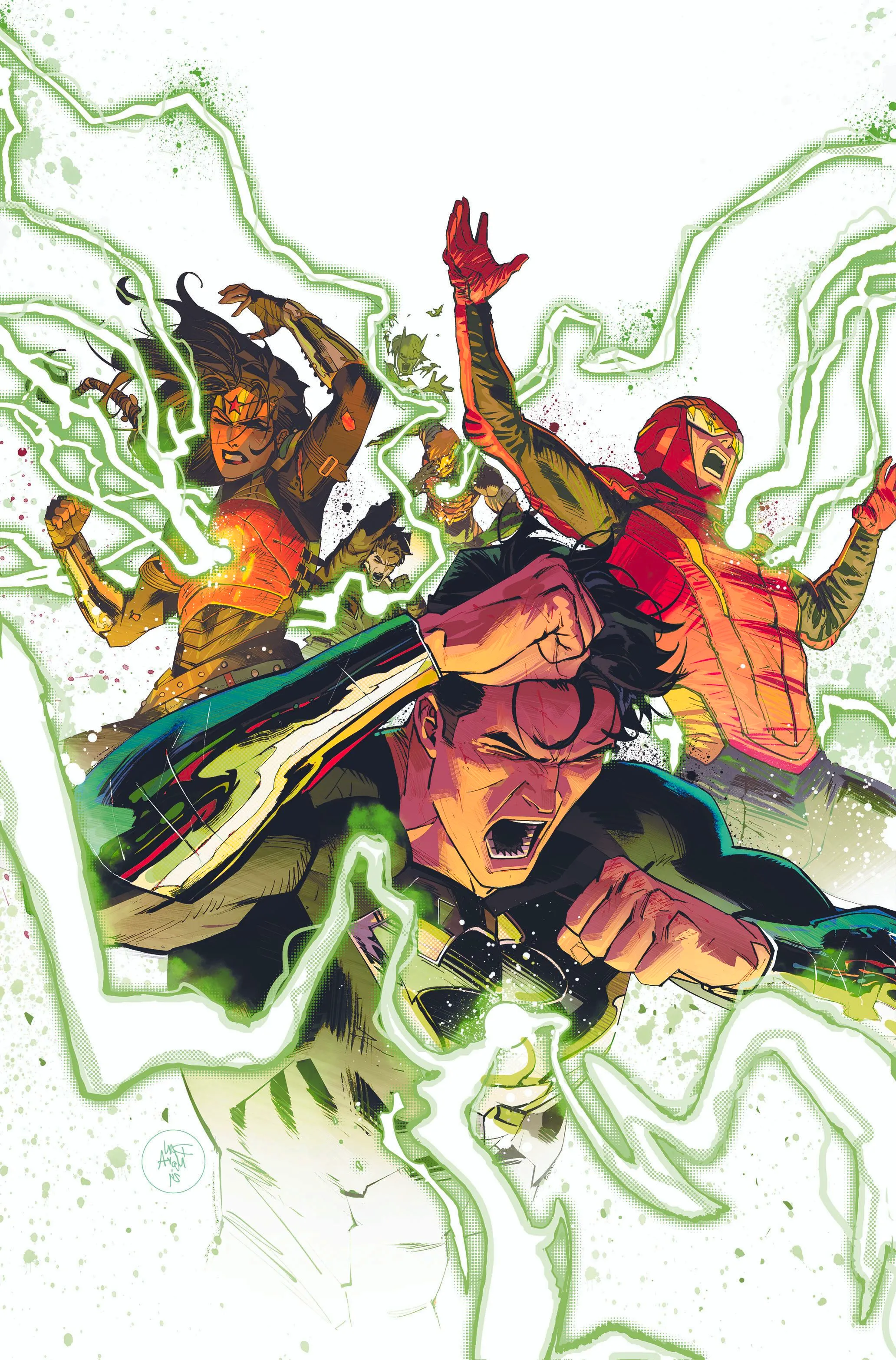 Absolute Power 4 Main Cover Solicit: Superman, the Flash, and Wonder Woman are struck by green lightning. Image