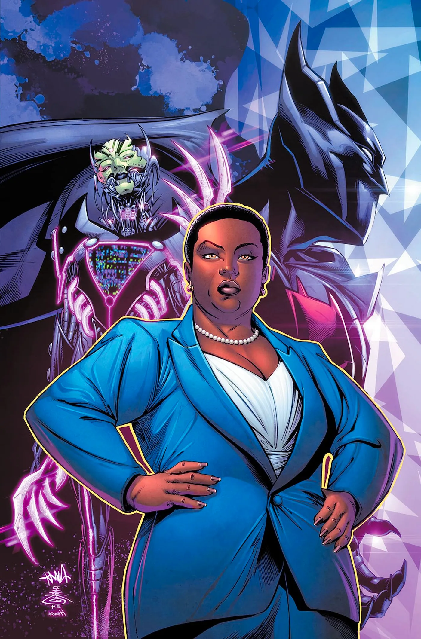 Absolute Power Origins 1 Martinez Variant Cover: Amanda Waller poses in front of Failsafe and Brainiac Queen. Image