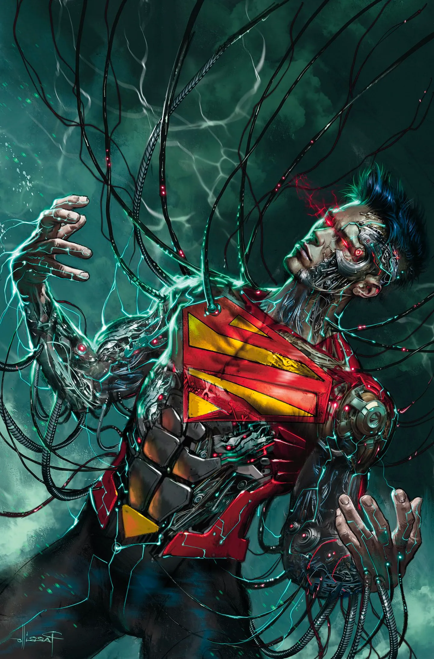 Absolute Power Super Son 1 Parillo Variant Cover: a robotic looking Jon Kent hooked up to wires. Image