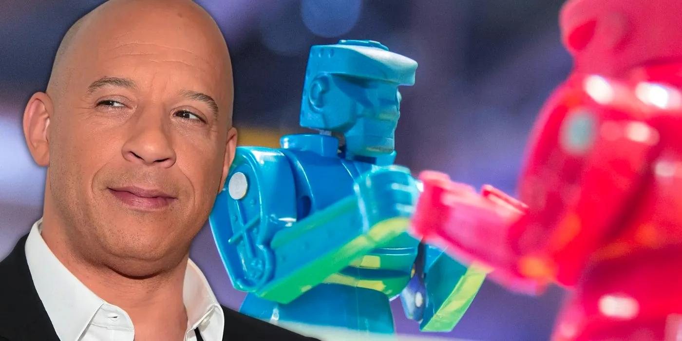 Actor Vin Diesel superimposed over a close-up shot of the blue boxer in Rock Em Sock Em Robots Image