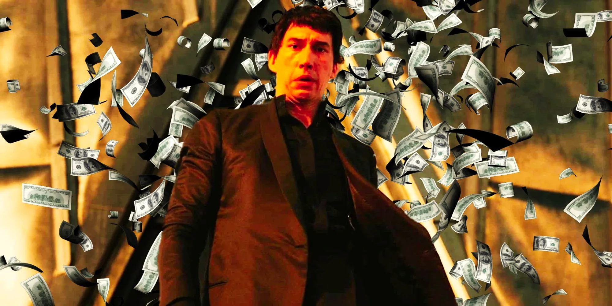 Adam Driver in Megalopolis with a backdrop of money Image