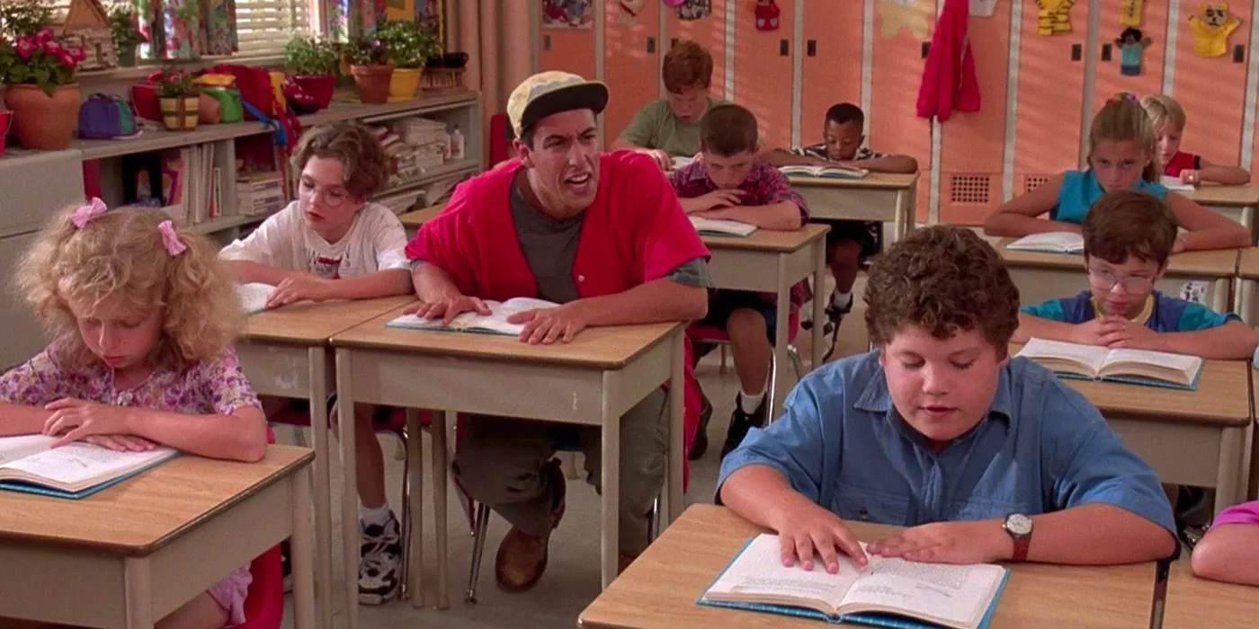 Adam Sandler as Billy Madison making fun of a kid as he reads in Billy Madison. Image