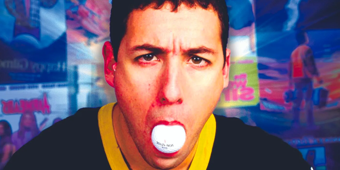 Adam Sandler as Happy Gilmore In Front of His Movie Posters Image