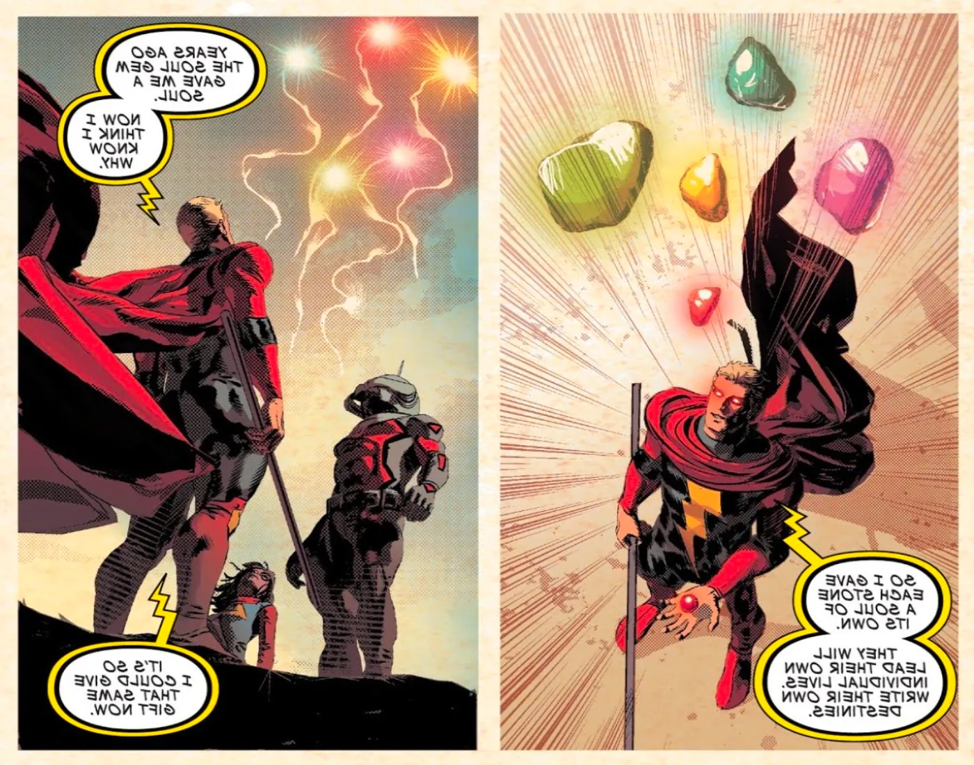 Adam Warlock giving each Infinity Stone its own soul. Image