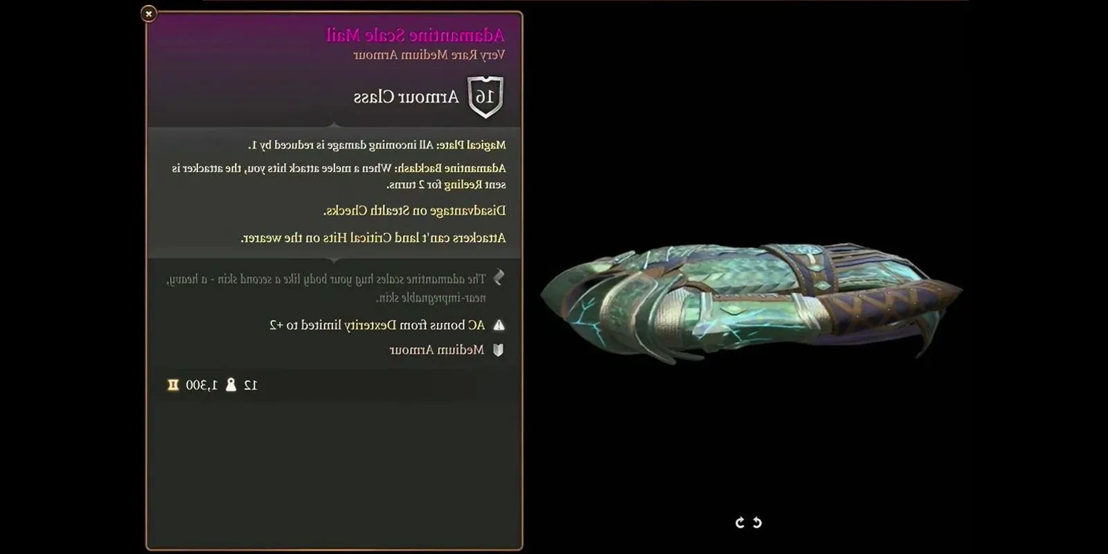 Adamantine Scale Mail in Baldur's Gate 3 next to a window showing its stats. Image