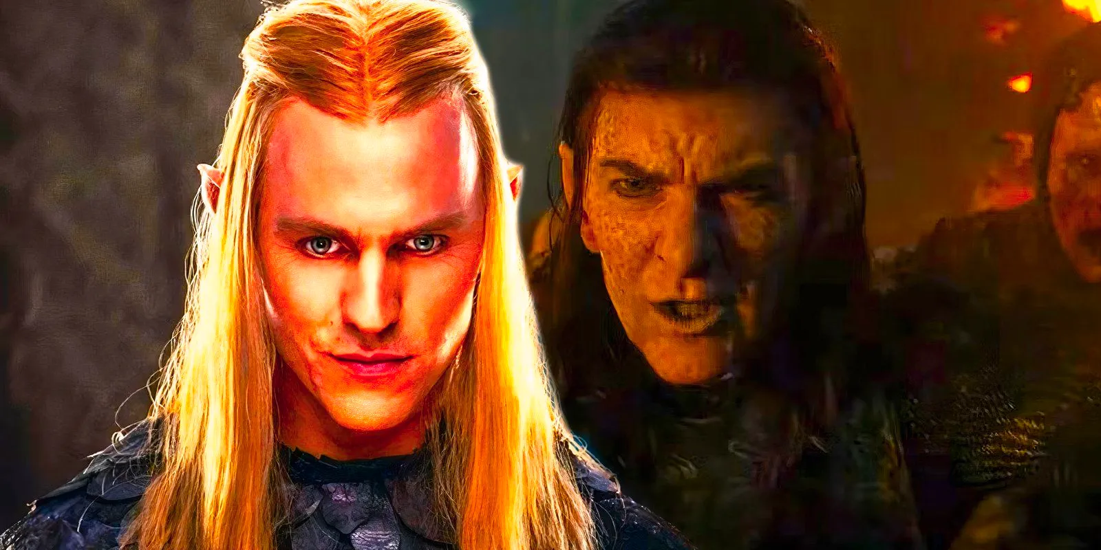 Adar speaking angrily next to Sauron disguised as Annatar looking confident in The Rings of Power season 2 Image